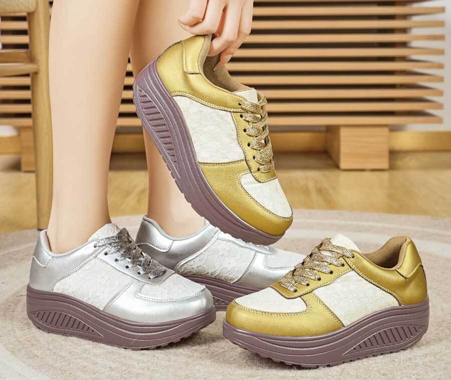 Women's floral lace accents lace up rocker bottom shoe sneakers