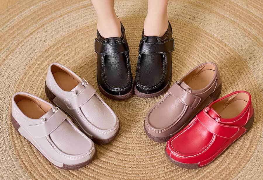 Women's sewn accents velcro slip on rocker bottom shoes