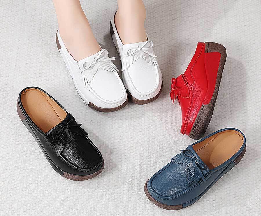 Women's lace tie & tassel on top slip on shoe mules
