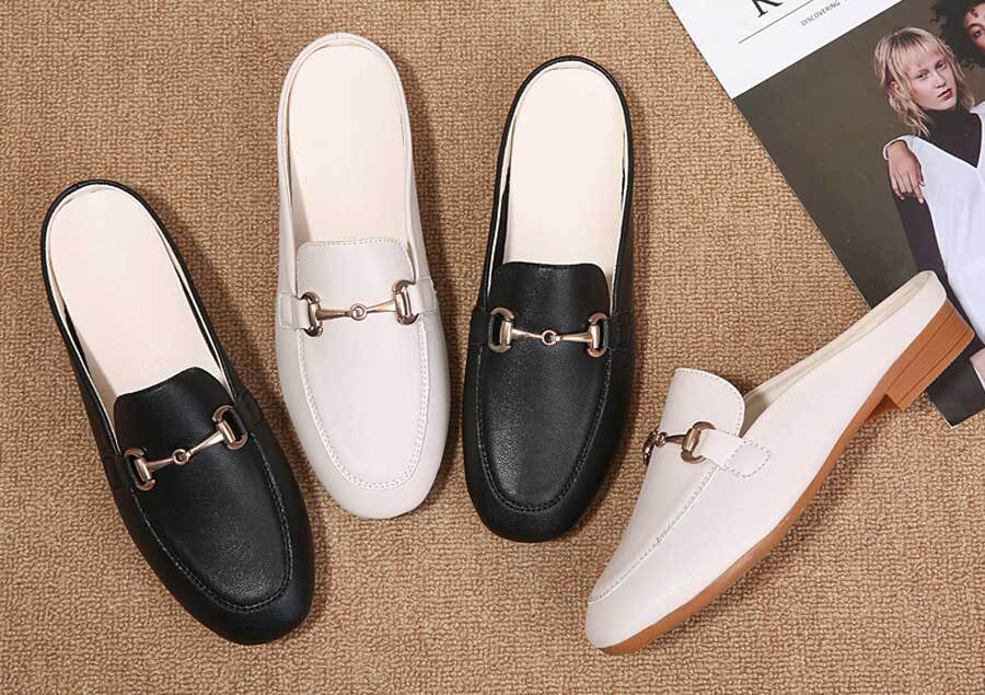 Women's metal buckle on top slip on shoe mules