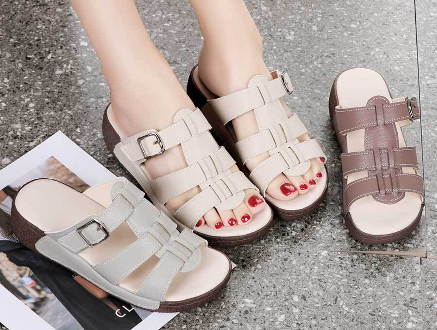 Women's open toe cut out buckle velcro slip on shoe sandals