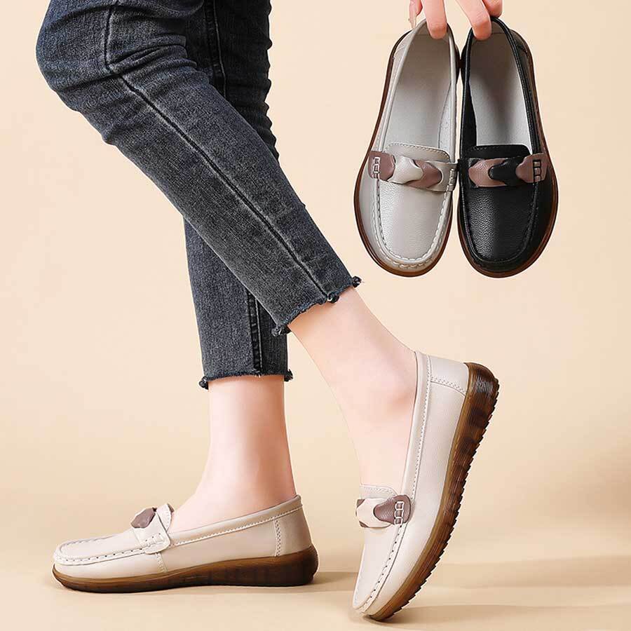 Women's two tone strap slip on shoe loafers