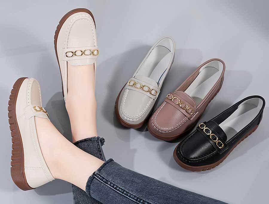 Women's metal buckle slip on shoe loafers