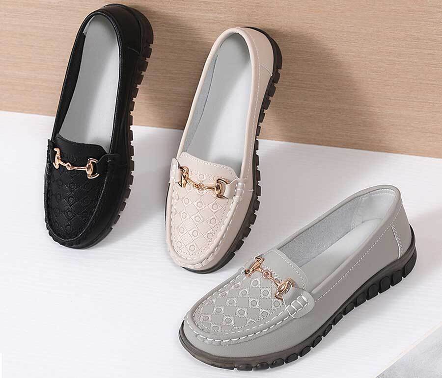 Women's pattern check accents metal buckle slip on shoe loafers