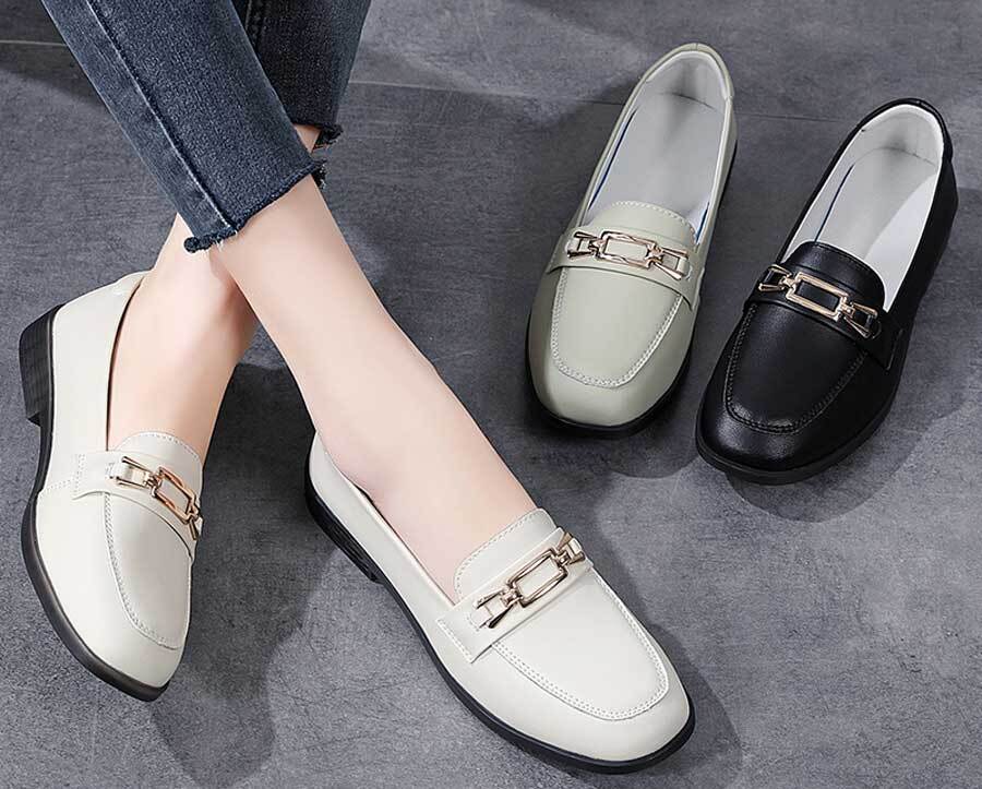 Women's metal buckle on top slip on shoe loafers