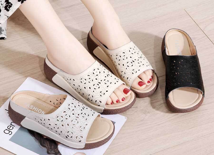 Women's hollow out floral pattern slip on rocker bottom mule sandals