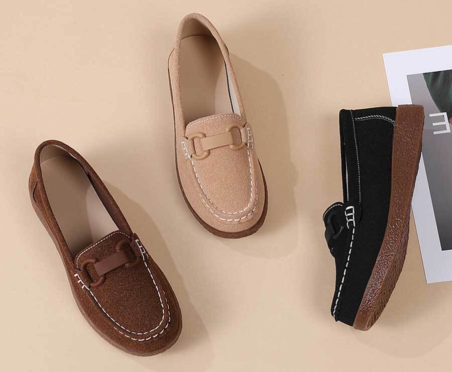 Women's suede buckle on top slip on shoe loafers