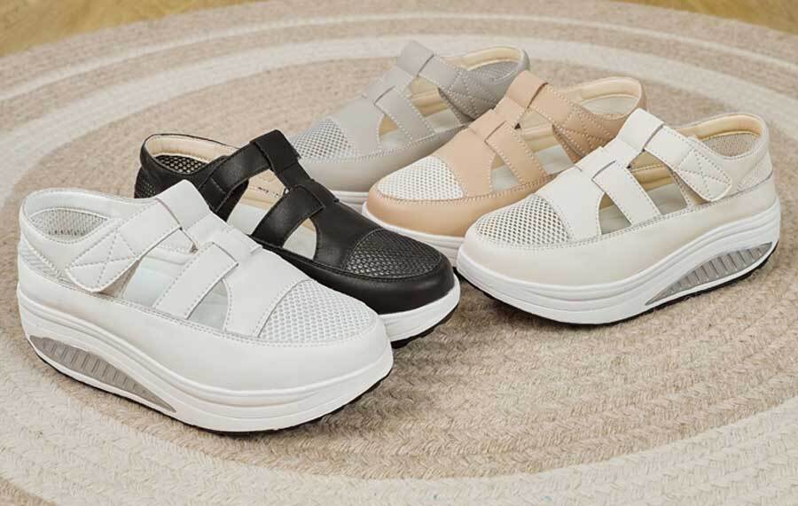 Women's hollow & cut out velcro slip on rocker bottom shoes