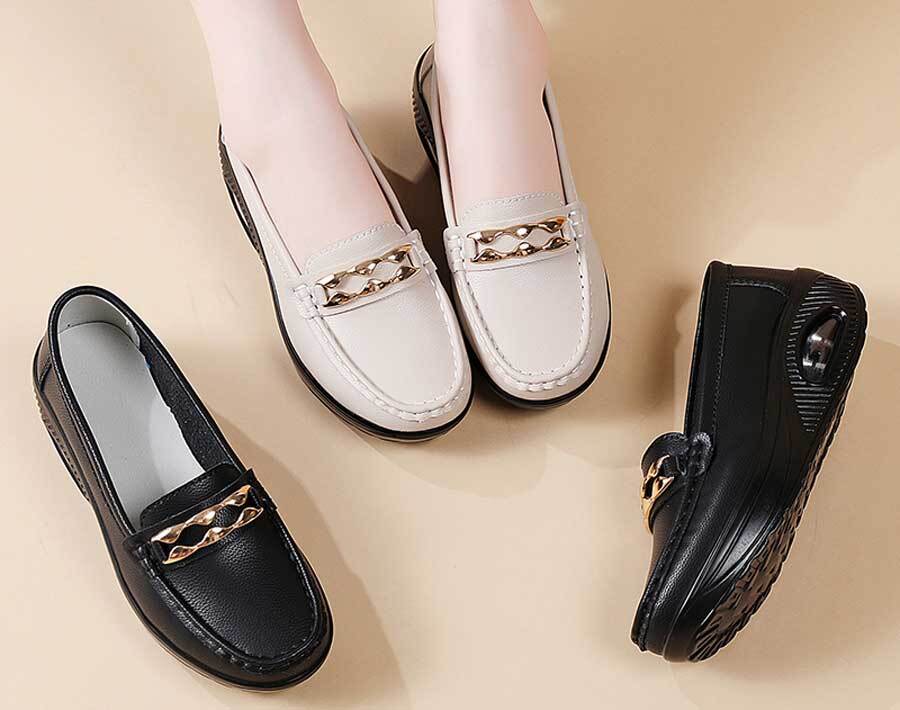 Women's metal buckle slip on rocker bottom shoes