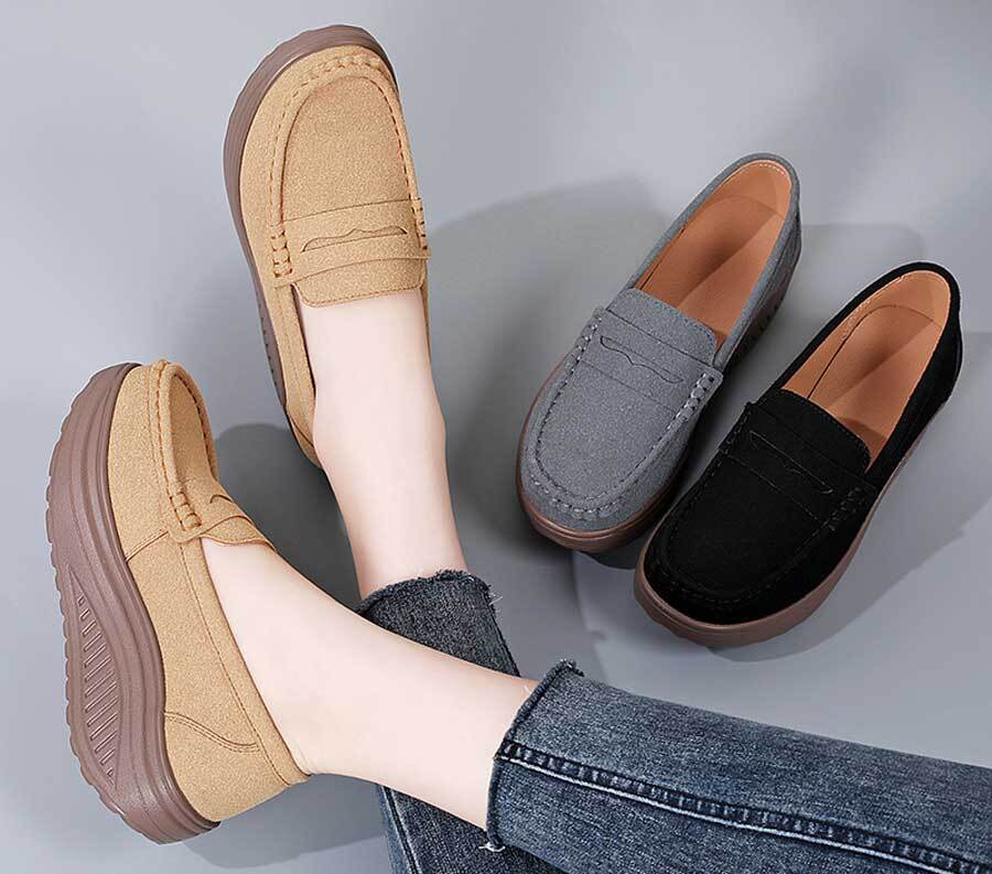 Women's suede leather penny strap slip on rocker bottom shoes