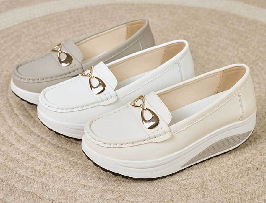 Women's causal top metal buckle slip on rocker bottom shoes