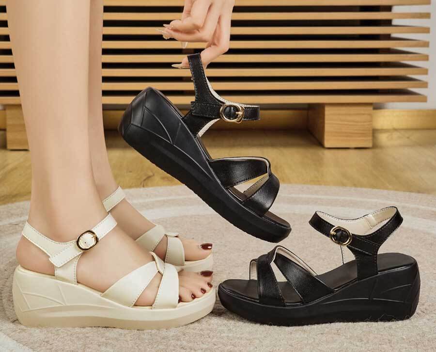 Women's casual plain buckle slip on wedge shoe sandals